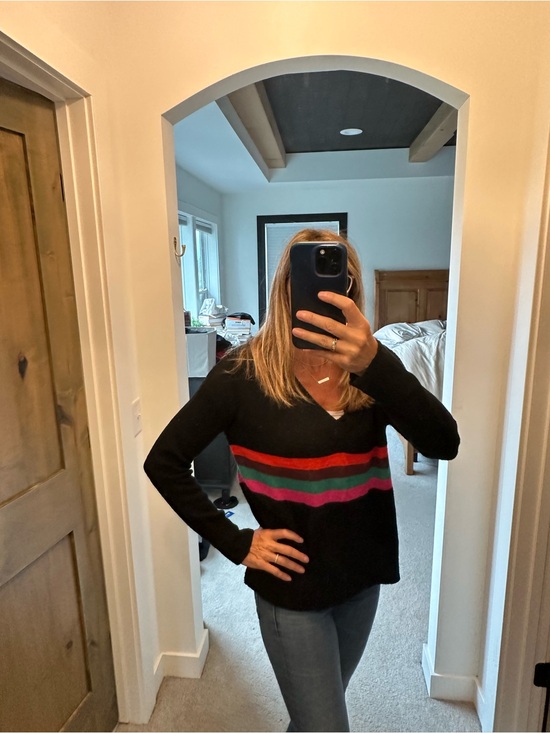 Allison Joy Sweaters - Allison Joy Black V-Neck Sweater with Colorful Stripes